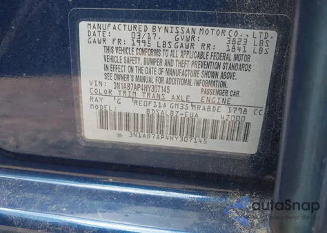 2017 Nissan Sentra S z USA, uszkodzony, nr VIN 3N1AB7AP4HY307145